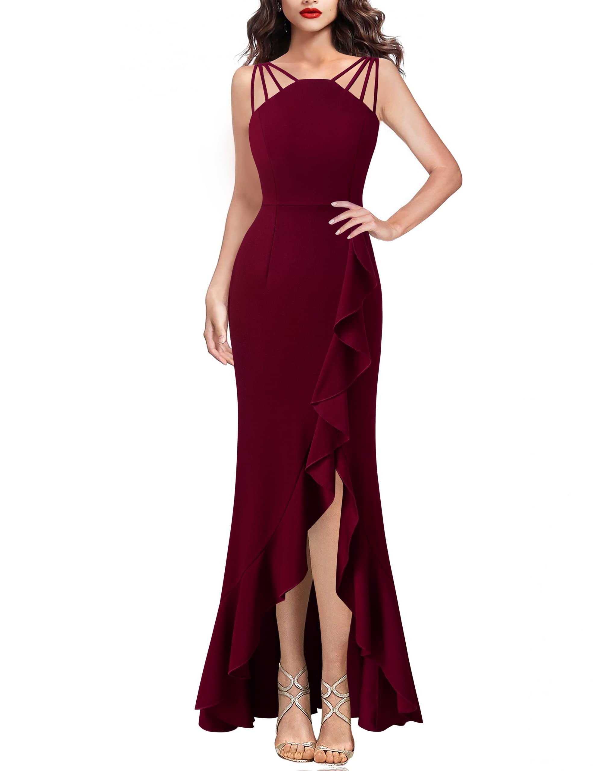 Vestido de noche formal con tirantes finos y volantes de sirena y abertura. Vestidos de fiesta.